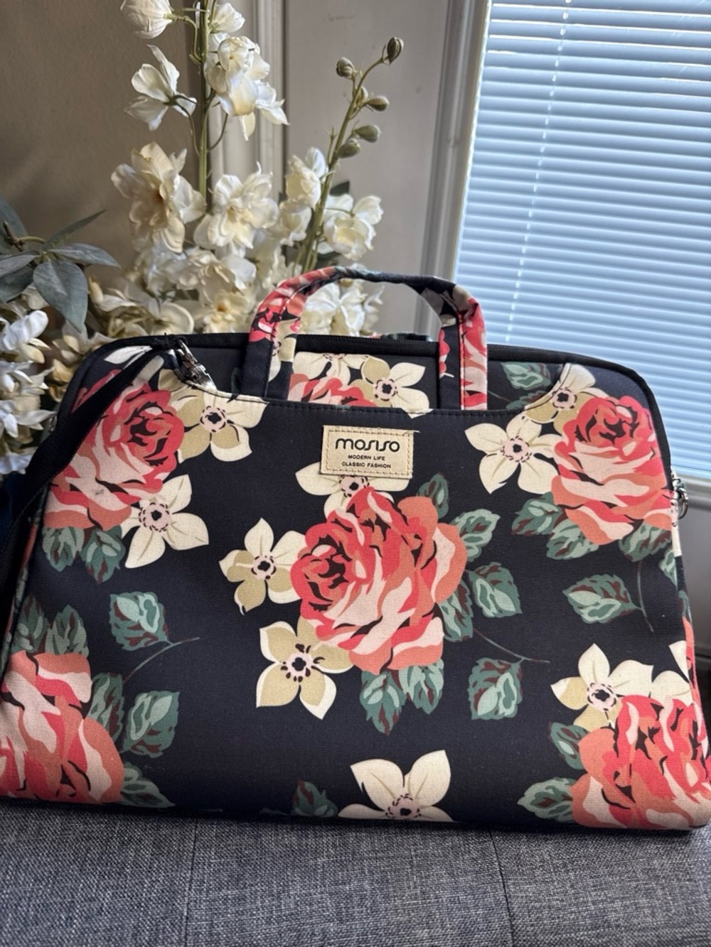 Mossio Black Floral Laptop Bag with Pink Rose Print